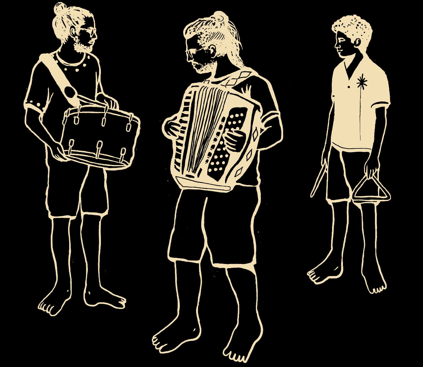 Ilustração dos três integrantes do Trio Massapé com zabumba, sanfona e triângulo